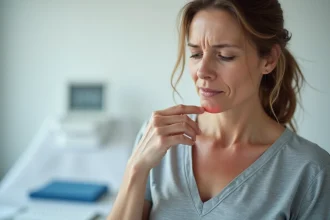 Femme adulte palpant un ganglion gonflé côté gauche du cou dans un cabinet médical