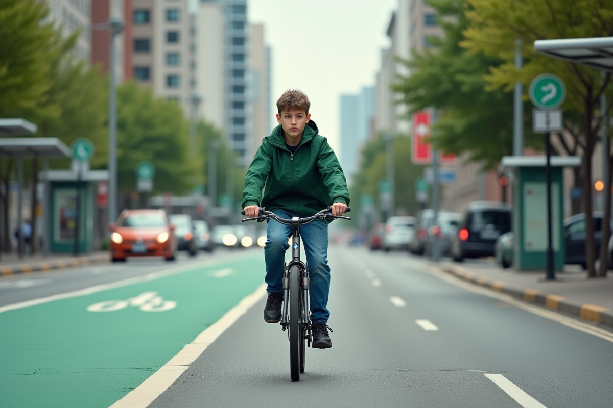 Adolescent à vélo dans une rue urbaine verte
