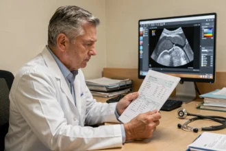 Gastroentérologue analysant les résultats du marqueur CA 19-9 dans un cabinet médical hospitalier