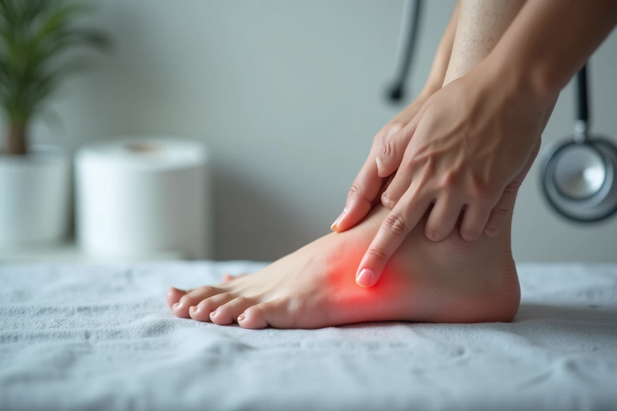 Gros plan sur le dessus d'un pied douloureux et légèrement rouge lors d'une consultation médicale