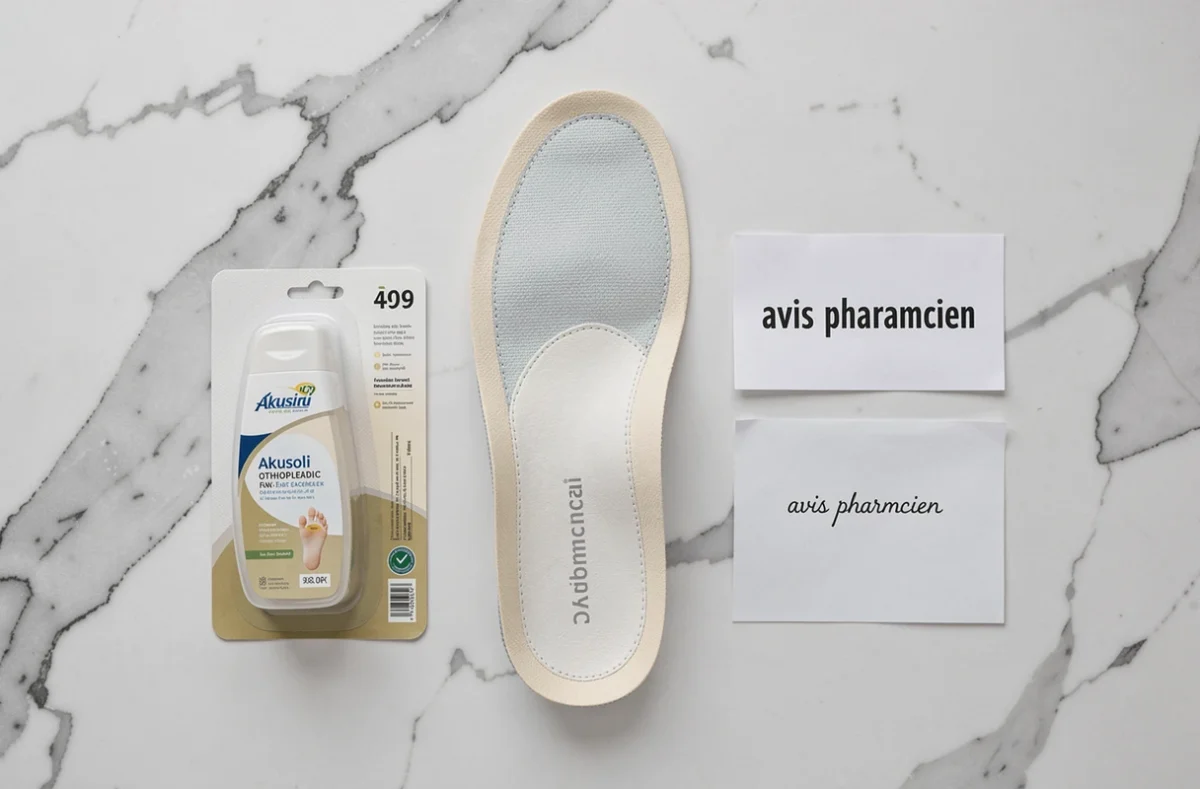 Gros plan d'une semelle Akusoli posée sur un comptoir de pharmacie avec un avis pharmacien manuscrit