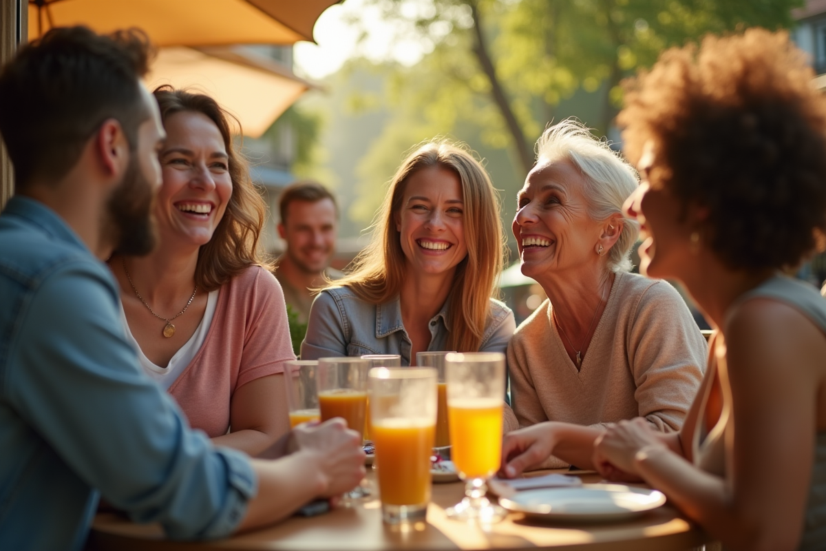 Groupe d'amis riant au café en plein soleil