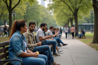 Groupe divers d'adultes dans un parc urbain animé