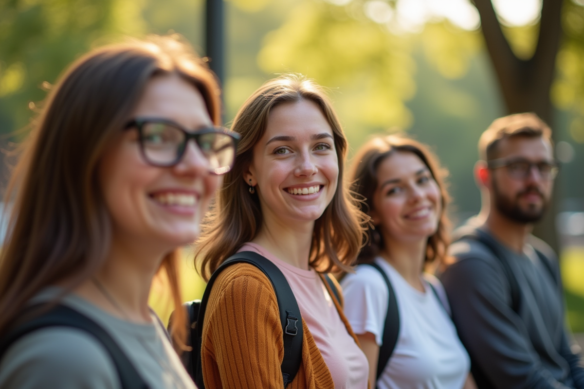 Groupe divers d'amis dans un parc urbain ensoleille
