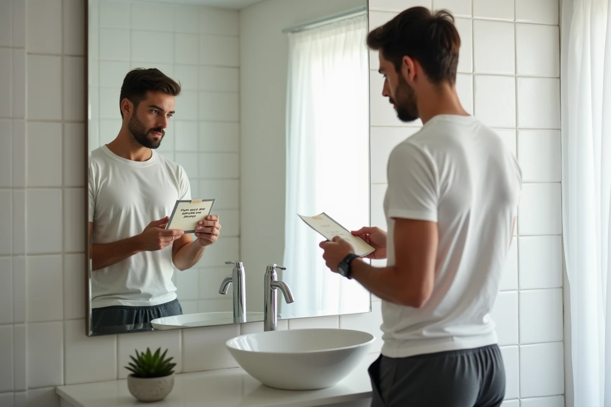 Homme lisant des affirmations positives collées sur son miroir de salle de bain le matin