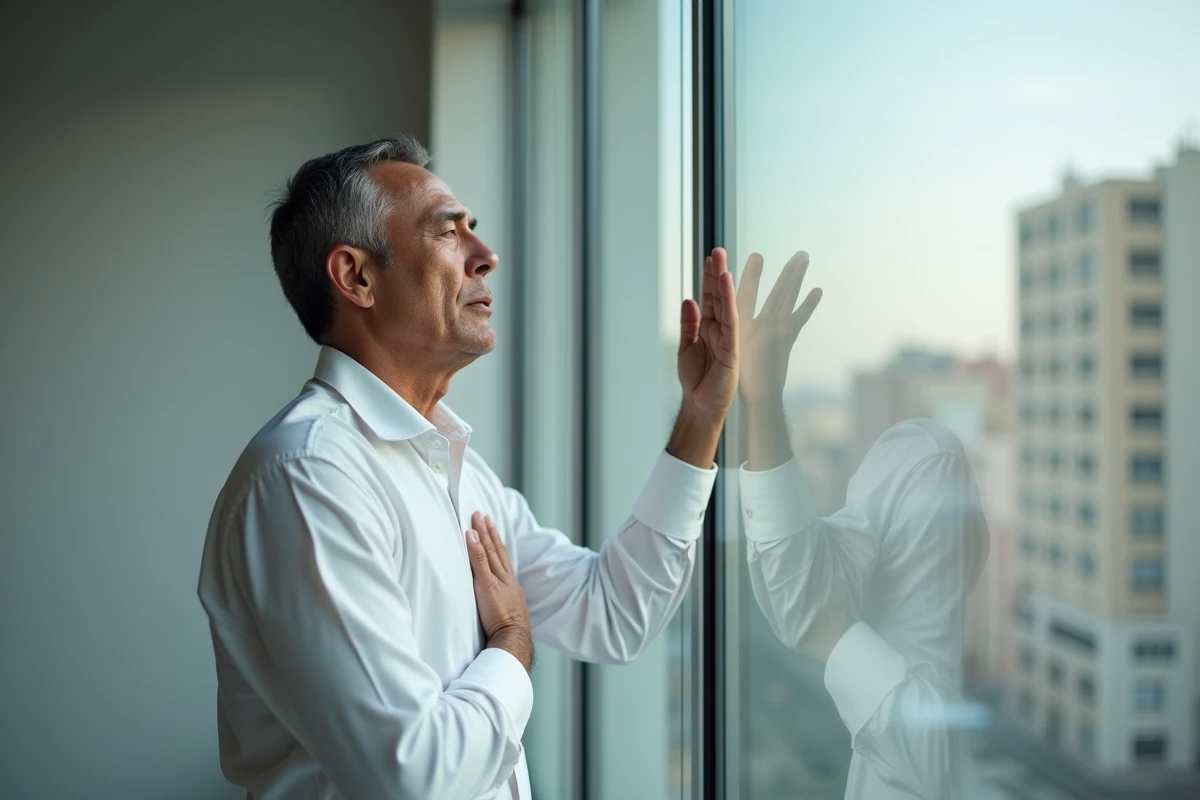 Homme debout près d'une fenêtre de bureau, main sur la poitrine, illustrant les symptômes physiques de l'anxiété généralisée comme les tremblements et la tension corporelle