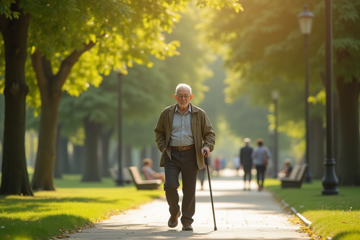 Homme de 80 ans marchant avec une canne dans un parc
