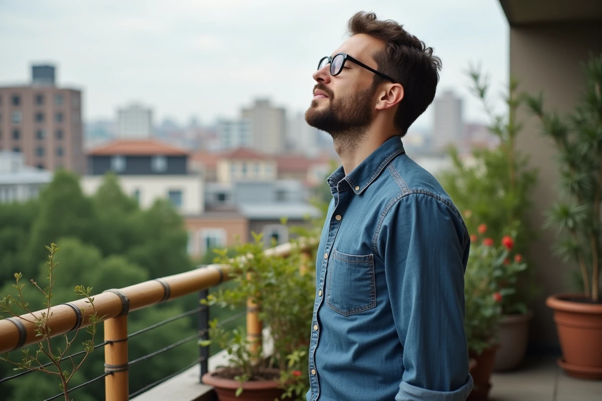 Homme m&eacute;ditant sur un balcon avec vue sur la ville