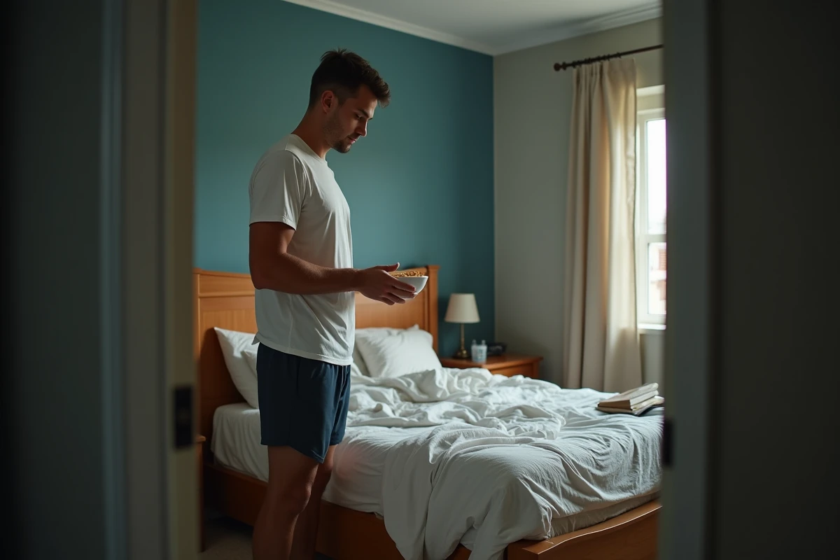 Jeune homme mangeant des céréales dans sa chambre