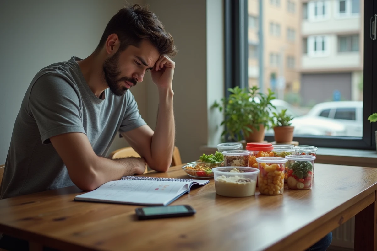 Homme stressé entouré de contenants alimentaires et d'une application de calories pendant un régime rapide