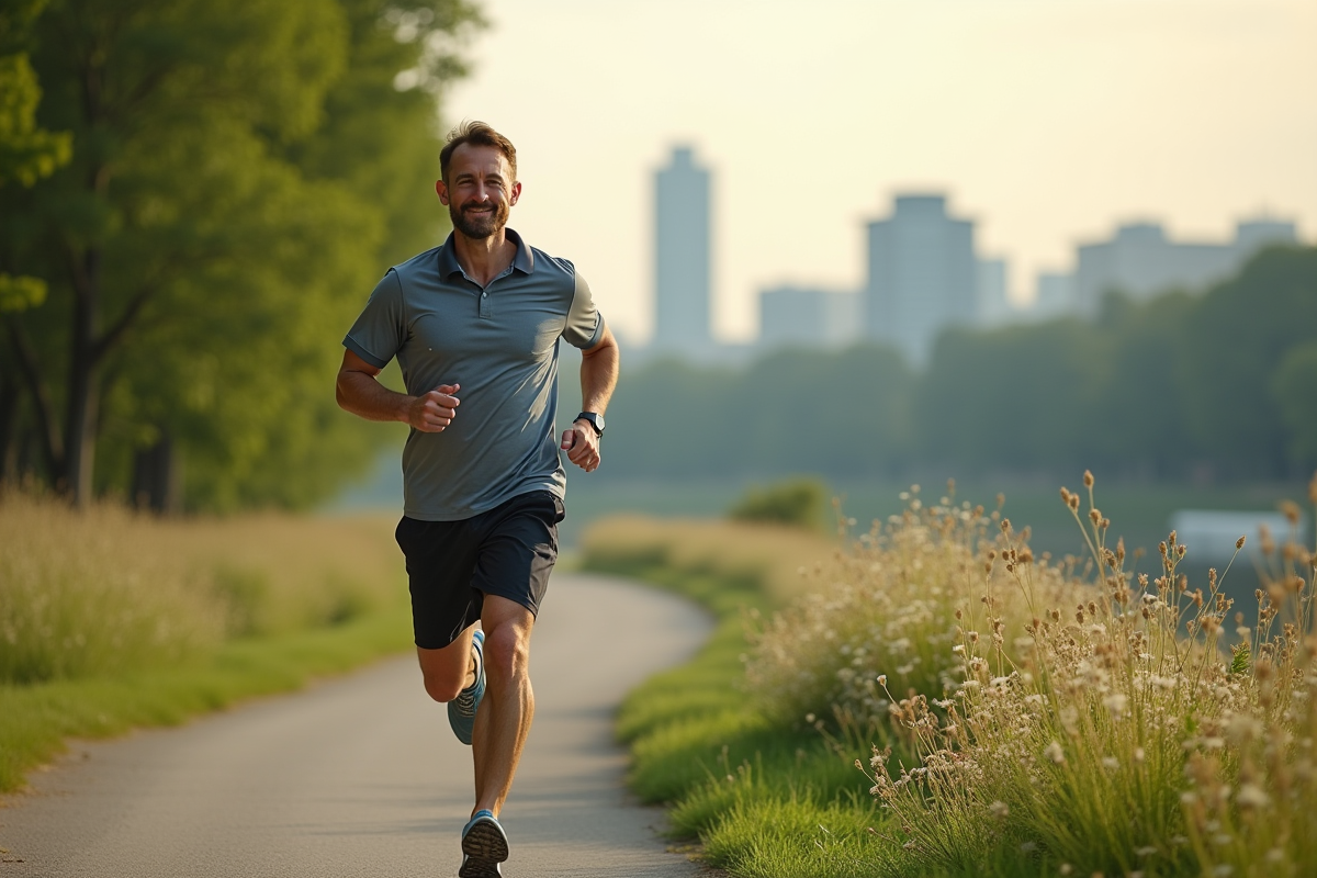 Homme en jogging courant le long d’un chemin au bord de la rivière avec arbres et fleurs sauvages
