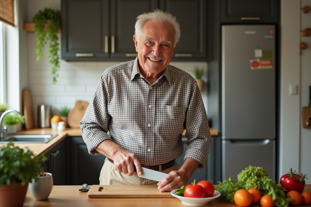 Homme agee prepare des vegetables en cuisine