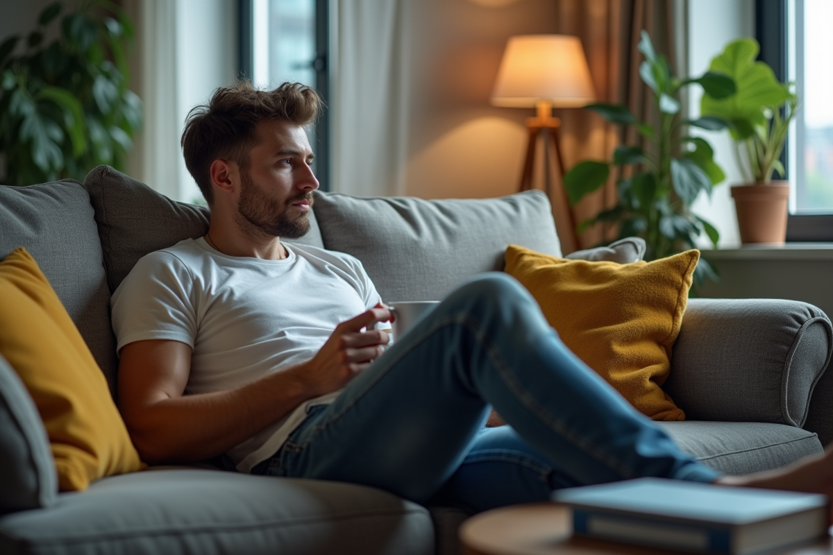 Jeune homme détendu sur un canapé à la maison