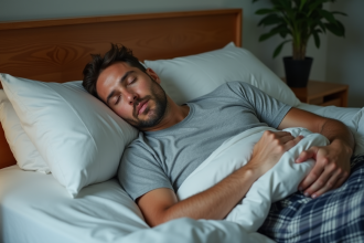 Homme d'âge moyen dormant paisiblement dans son lit