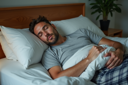 Homme d'âge moyen dormant paisiblement dans son lit