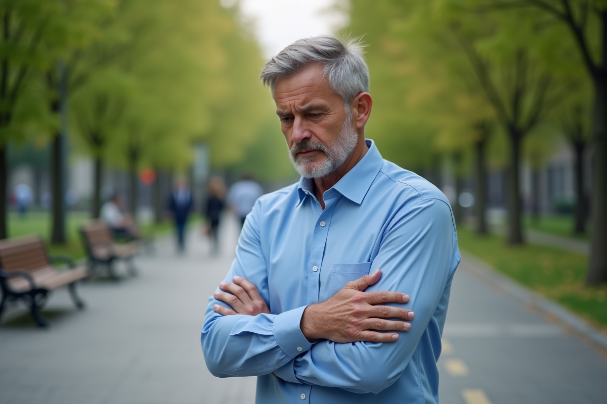Homme avec eczema dans un parc urbain