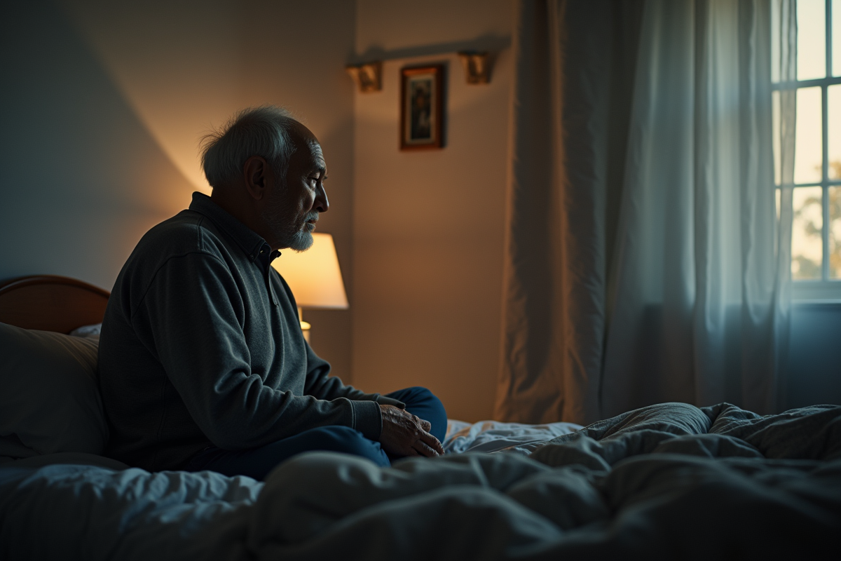 Homme âgé assis sur le lit en réflexion avant le sommeil