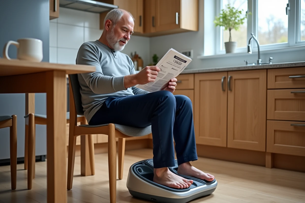 Homme lisant une notice de masseur de pieds chauffant assis dans une cuisine en bois naturel