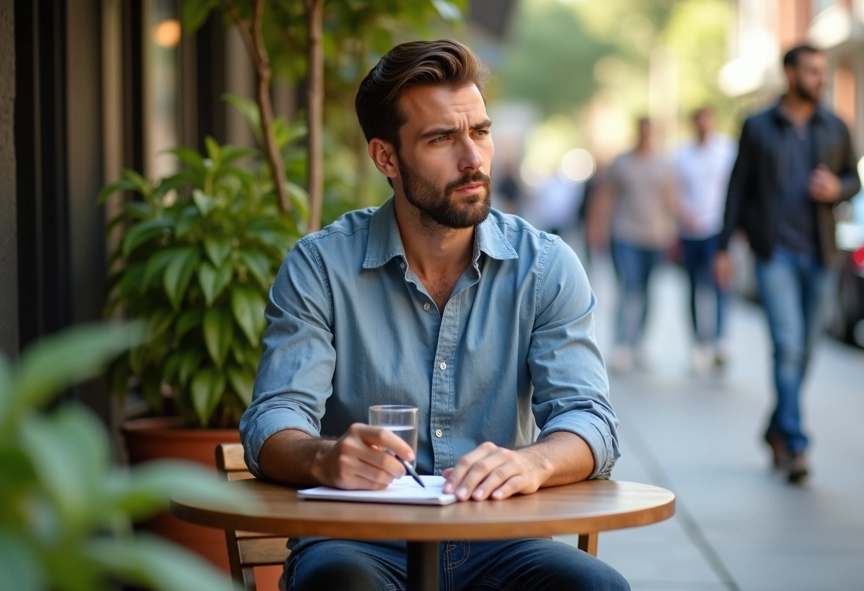 Homme prenant des notes sur son plan repas en extérieur