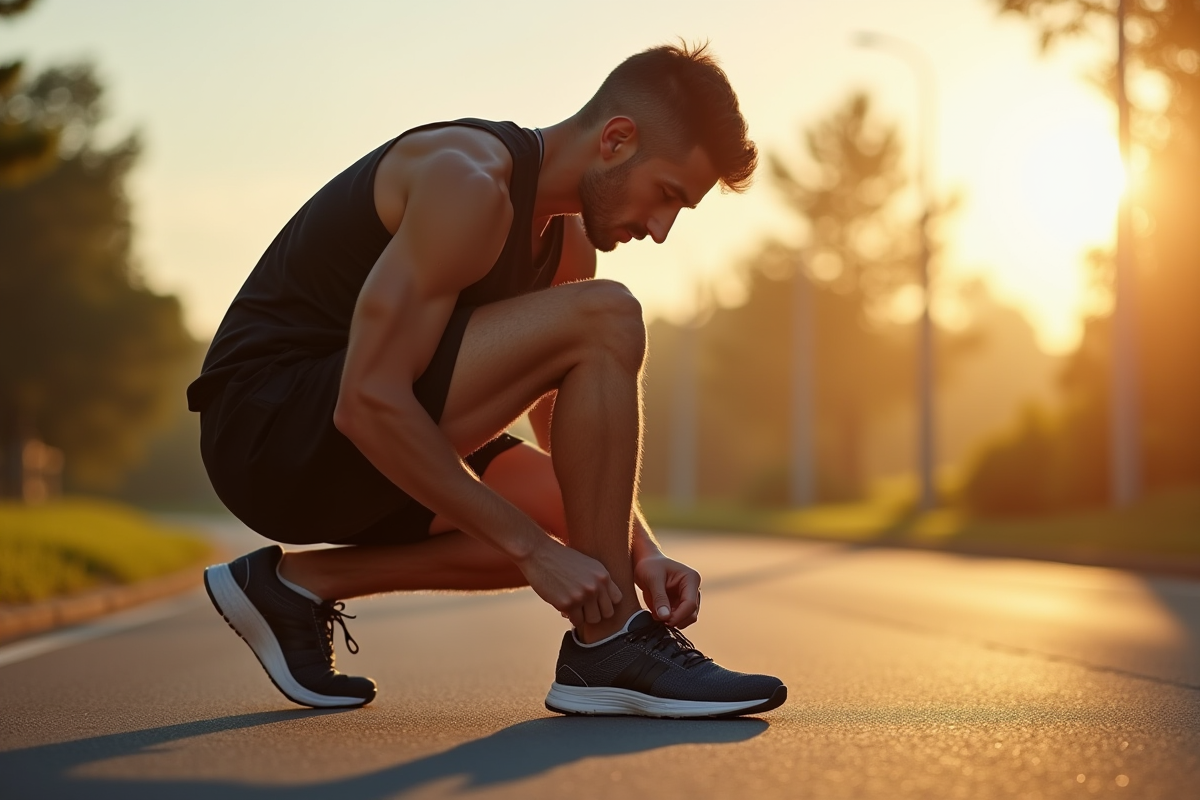 Homme attachant ses chaussures de course au lever du soleil