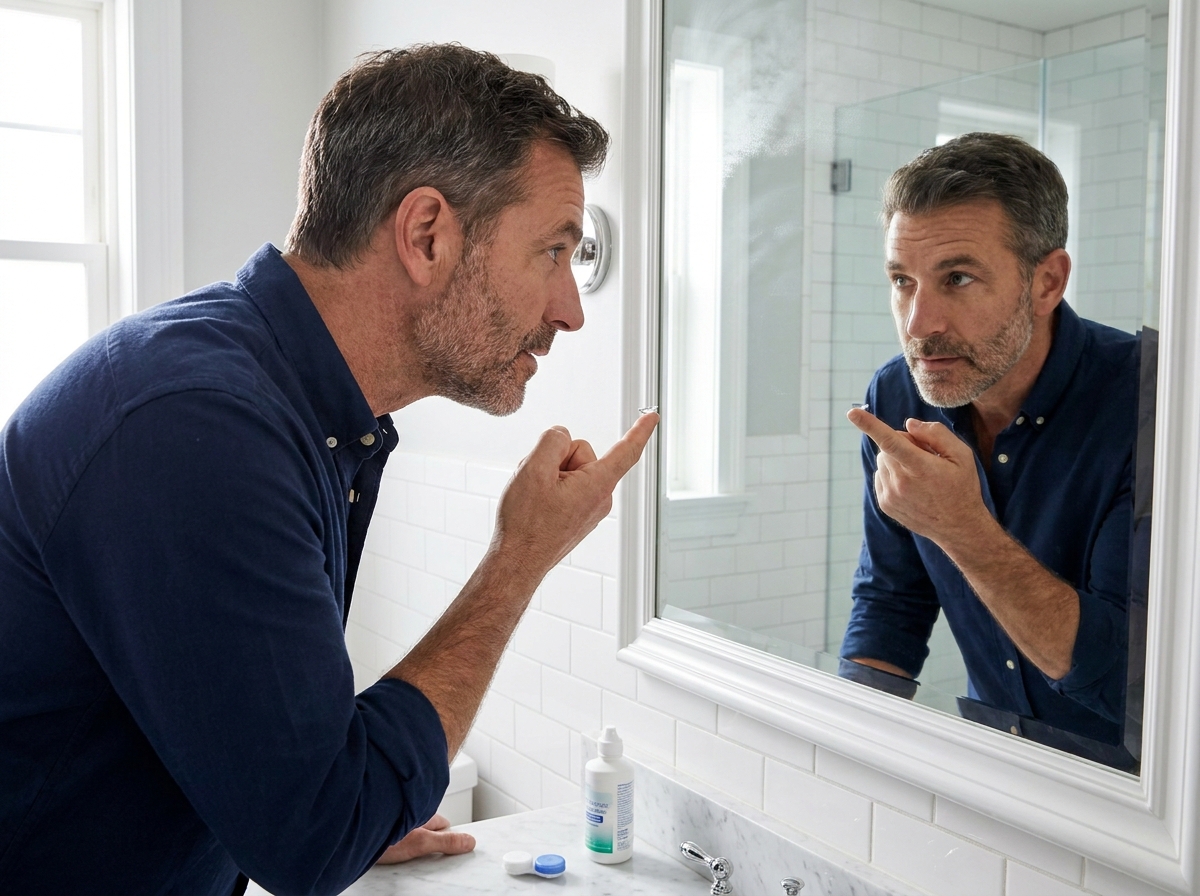 Homme de 50 ans posant une lentille de contact devant un miroir de salle de bain, choix entre lunettes et lentilles