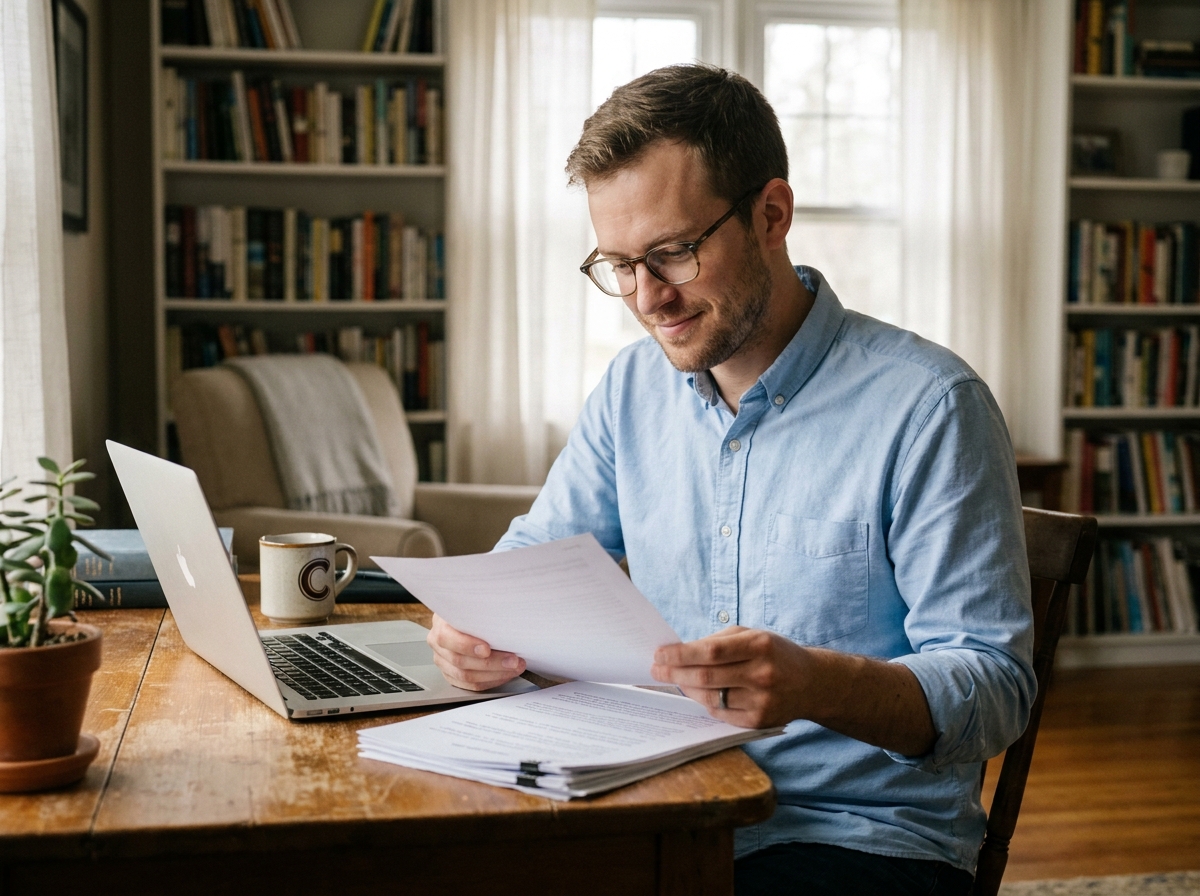 Homme portant des lunettes de vue et lisant un document avec concentration dans un bureau à domicile