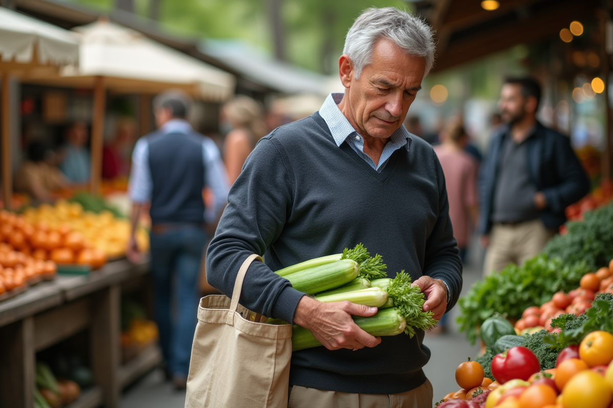 Homme sélectionnant des légumes dans un marché fermier en plein air