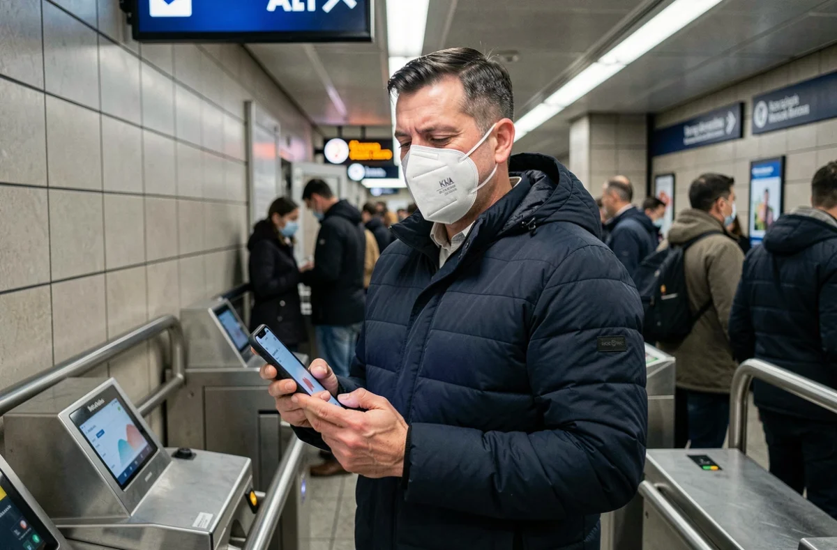 Homme portant un masque KN95 dans une station de métro tenant un smartphone avec une application de santé, transport en commun et Covid 2026