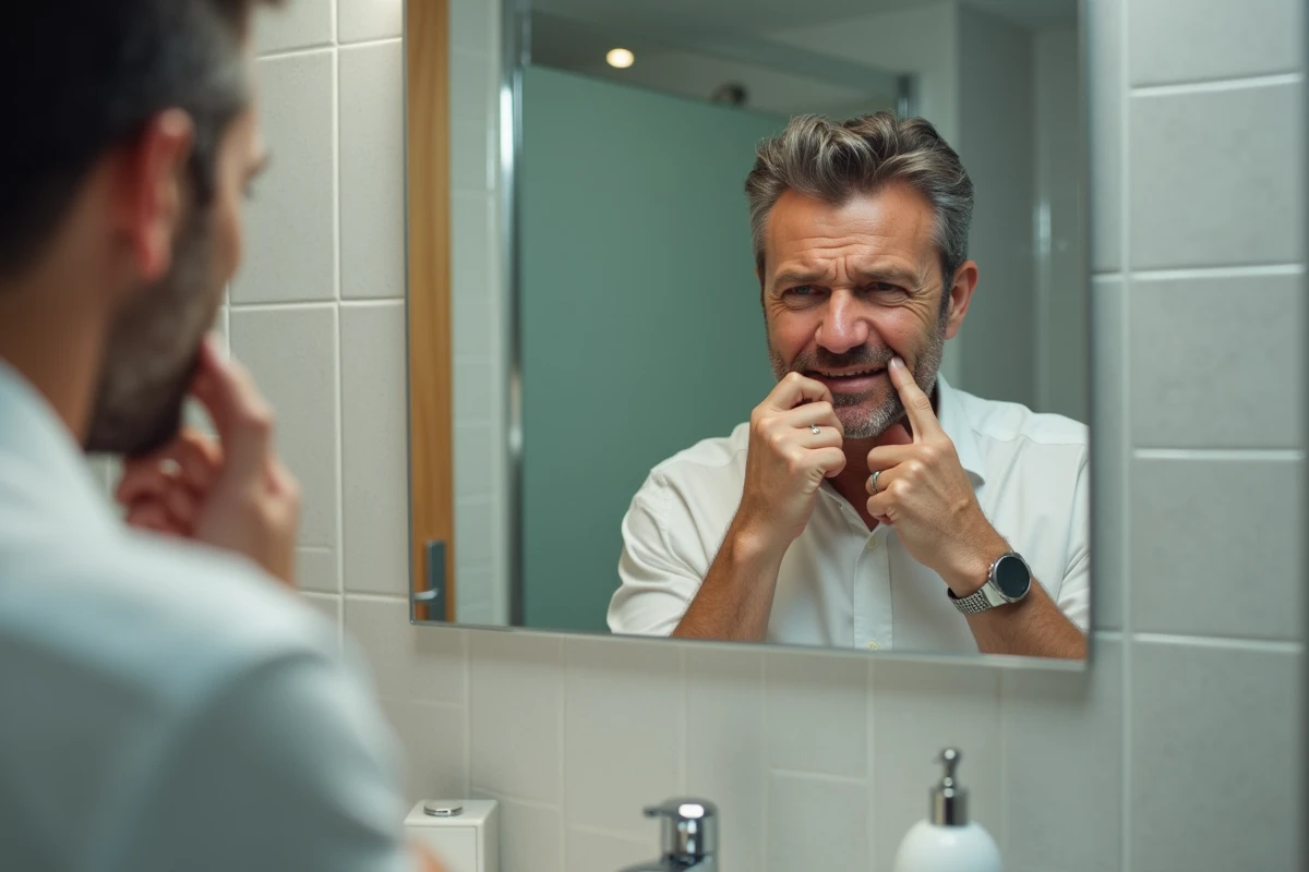 Homme en chemise blanche examinant sa bouche dans la salle de bain