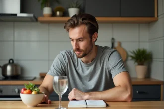 Homme lisant des notes sur la baisse du taux de CDT avec un verre d'eau et des légumes sur une table de cuisine