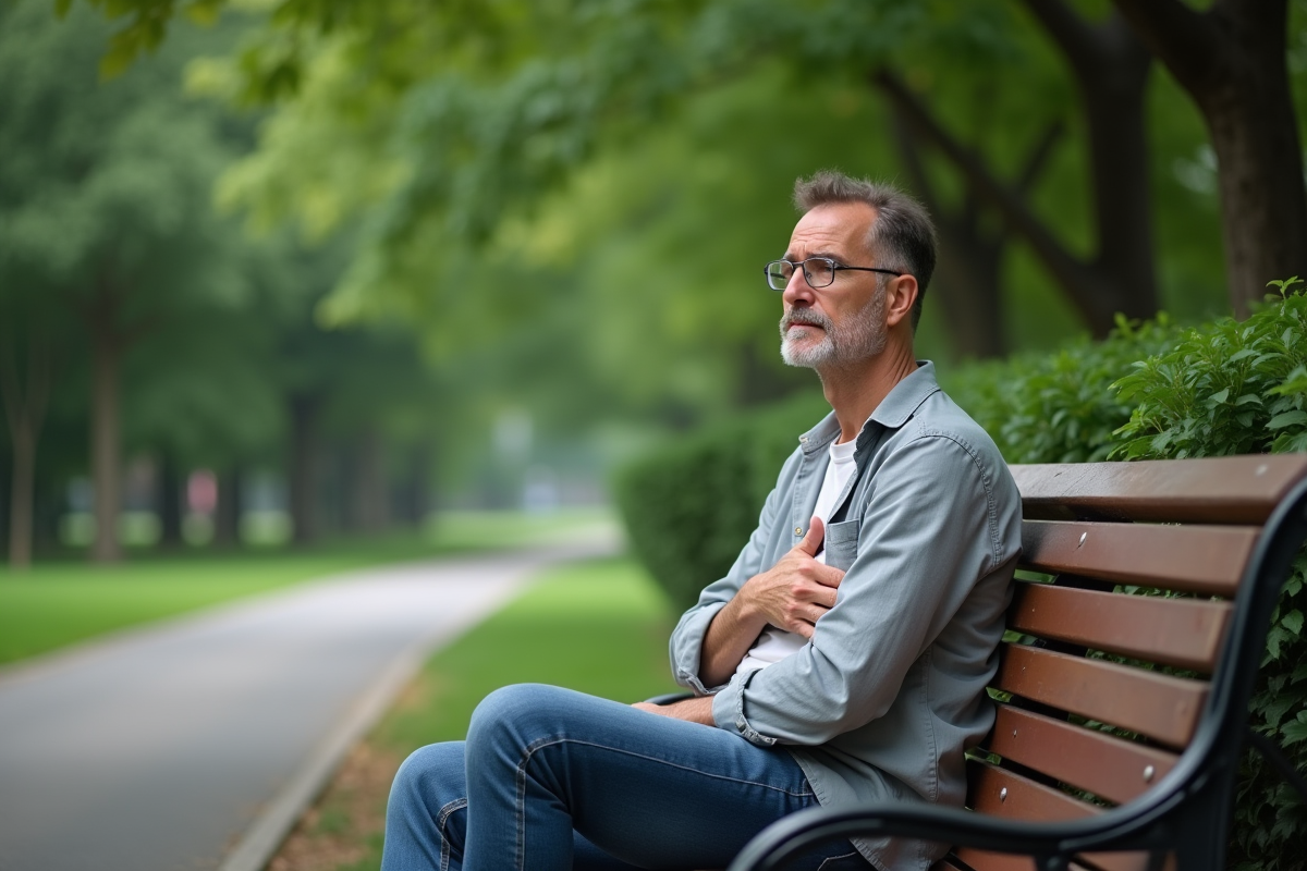 Homme d âge moyen assis sur un banc de parc en pensant