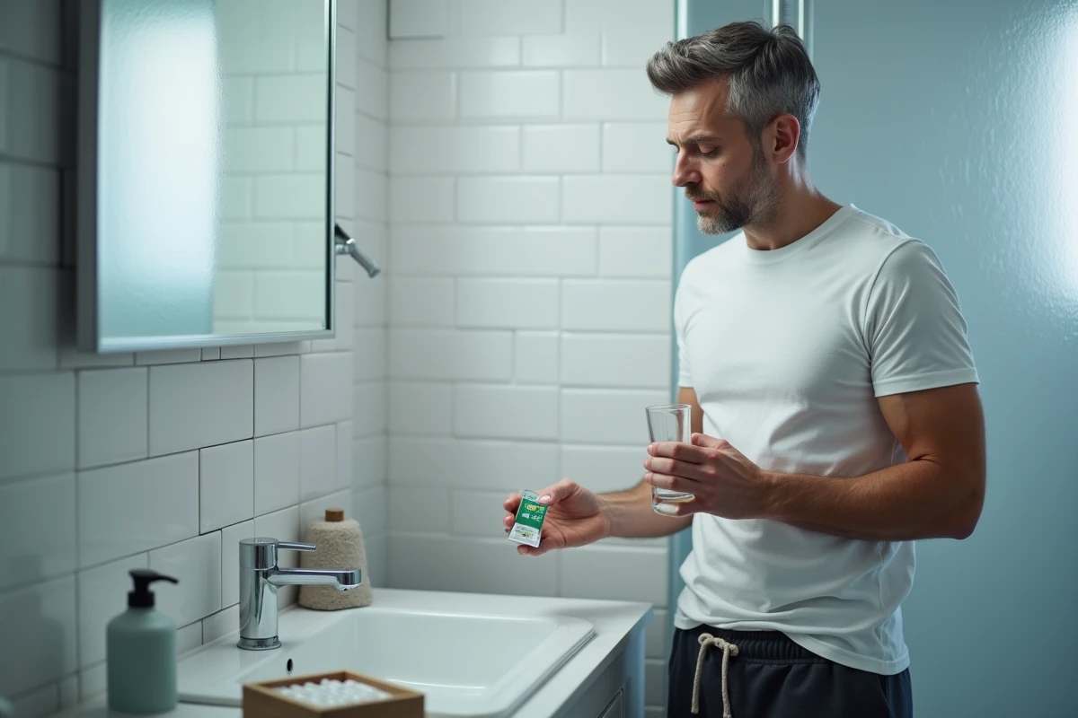 Homme fatigué prenant des pastilles pour la gorge pour soulager la toux après la Covid
