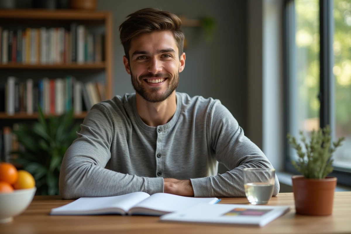 Homme planifiant ses repas minceur dans un carnet sur un bureau avec guide de nutrition pour débutants