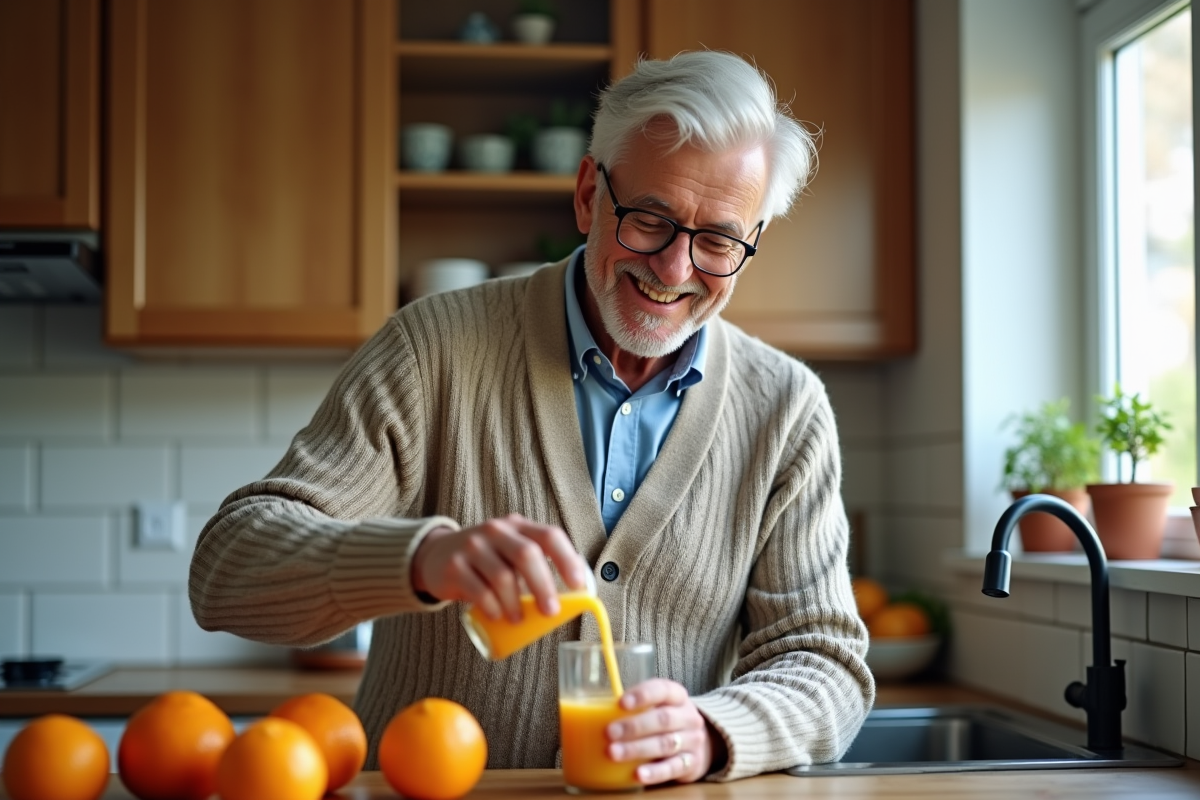 Homme âgé pressant du jus d