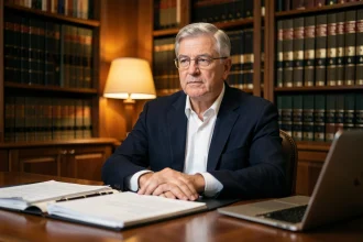 Portrait d'un homme intellectuel d'âge mûr assis à son bureau, évoquant un profil public face aux rumeurs sur sa santé
