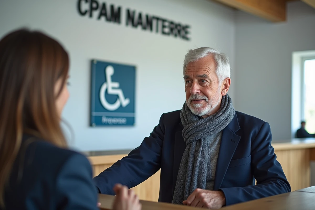 Homme &acirc;g&eacute; parlant &agrave; la r&eacute;ceptionniste &agrave; la CPAM Nanterre