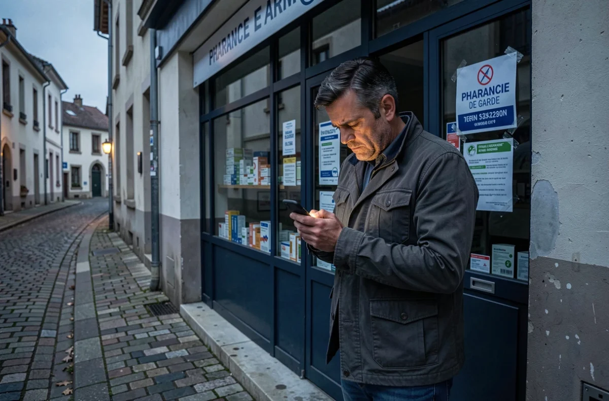 Homme cherchant une pharmacie de garde sur smartphone devant une pharmacie fermée en ville dans l'Oise