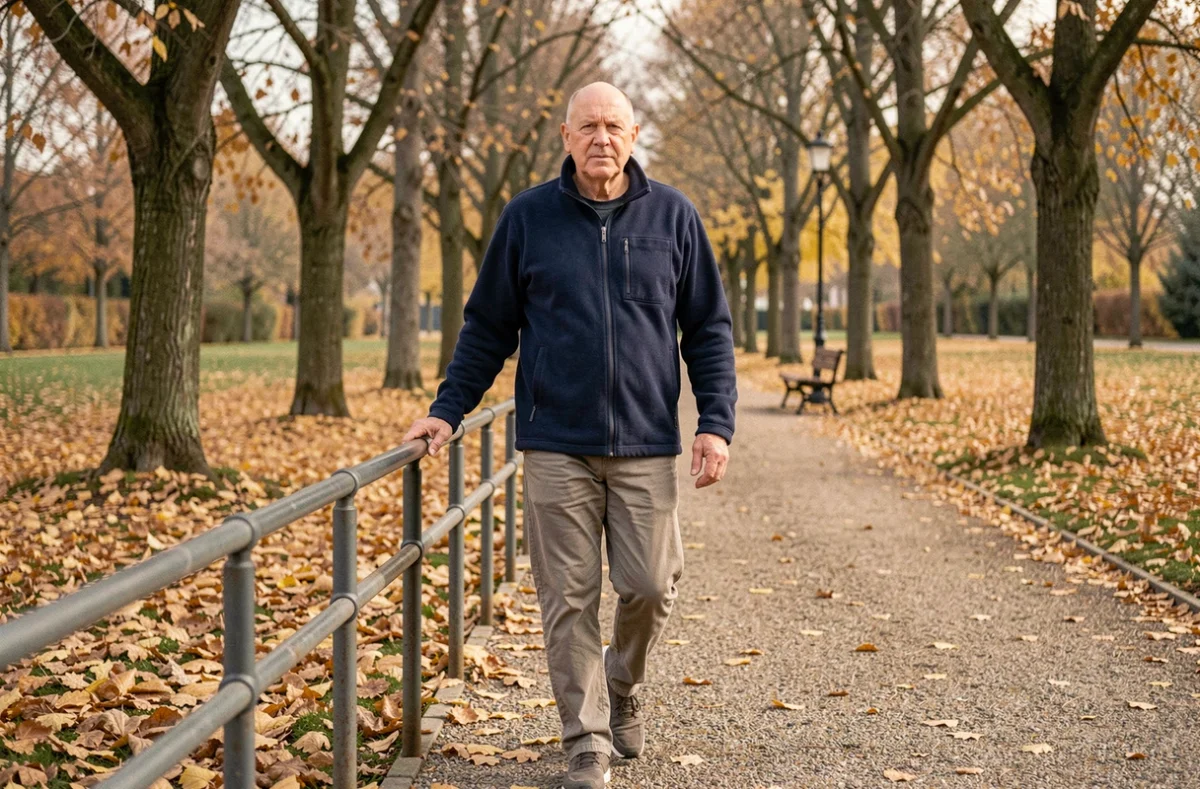 Homme en récupération après radiothérapie ORL marchant lentement dans un parc en automne, symbolisant la reprise progressive de l'énergie et de l'activité physique