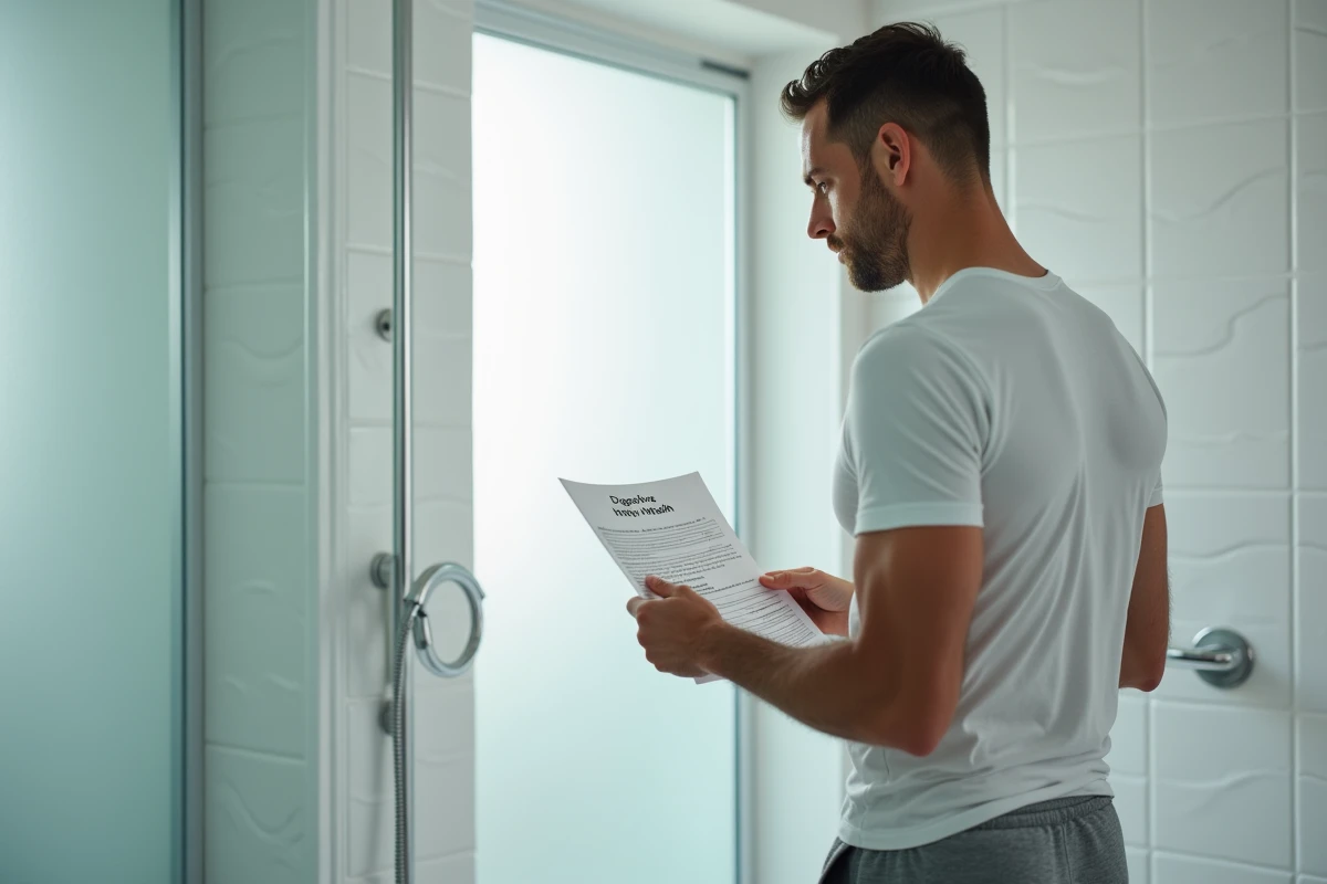 Homme regardant son reflet dans le miroir de la salle de bain
