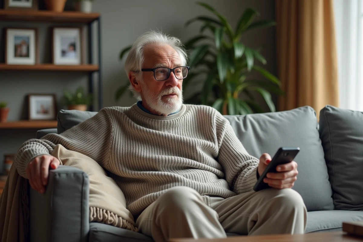 Homme âgé assis sur un canapé en train de tousser dans un salon familial