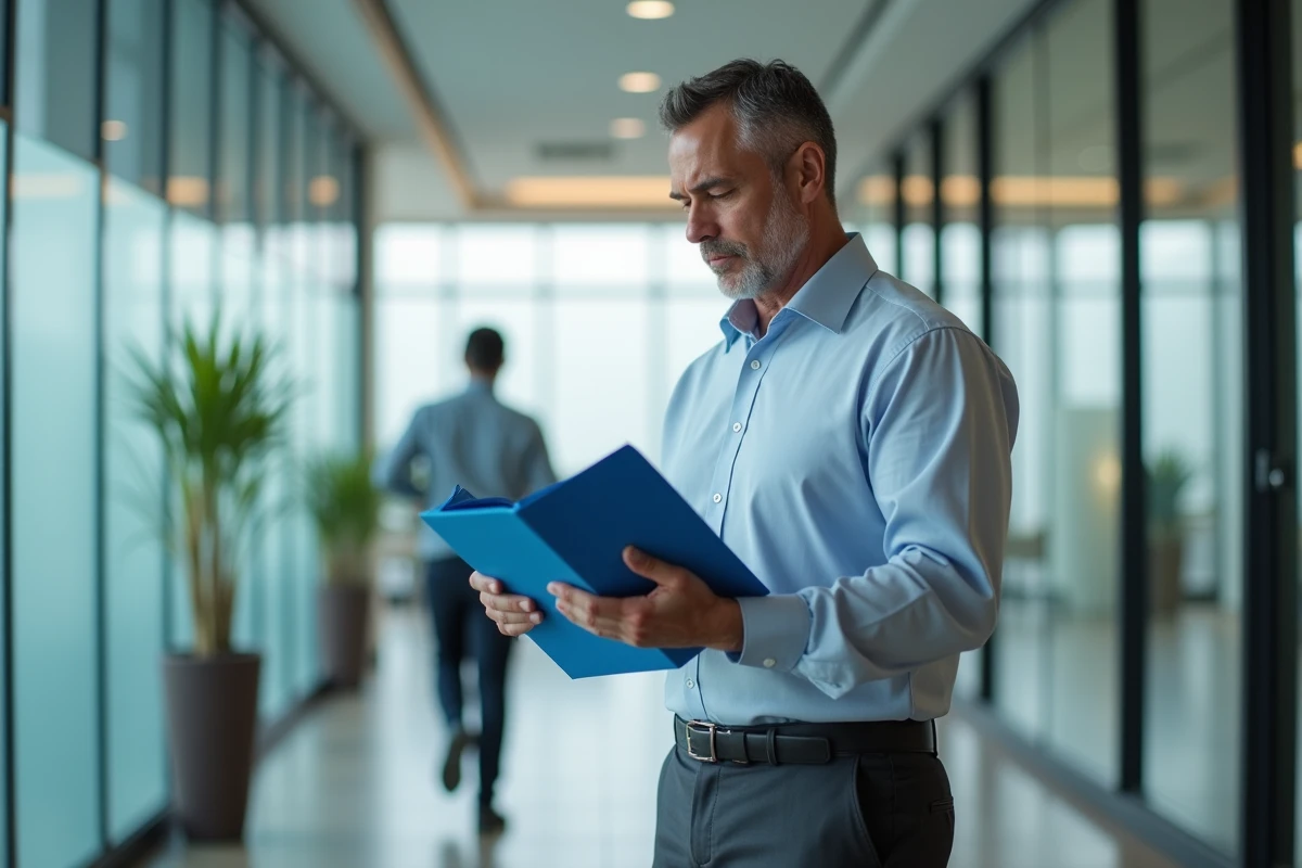 Homme RH regardant un dossier dans un couloir d entreprise