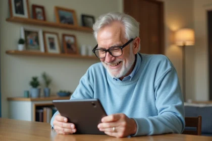 Homme retrait&eacute; utilisant une tablette dans un int&eacute;rieur moderne