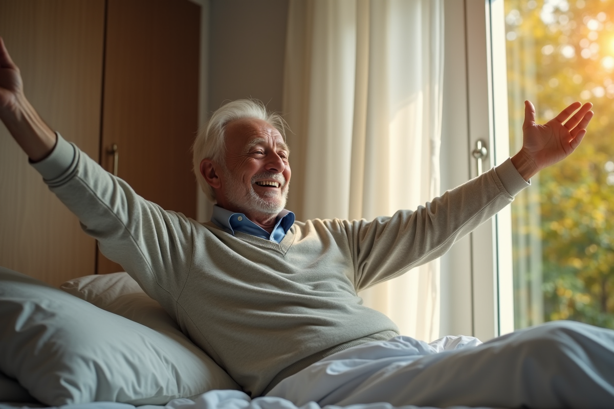 Homme âgé se réveillant en souriant dans une chambre ensoleillée