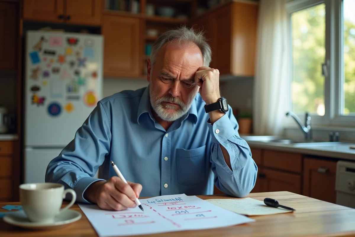 Homme &agrave; la maison r&eacute;visant une fiche avec erreurs en math&eacute;matiques