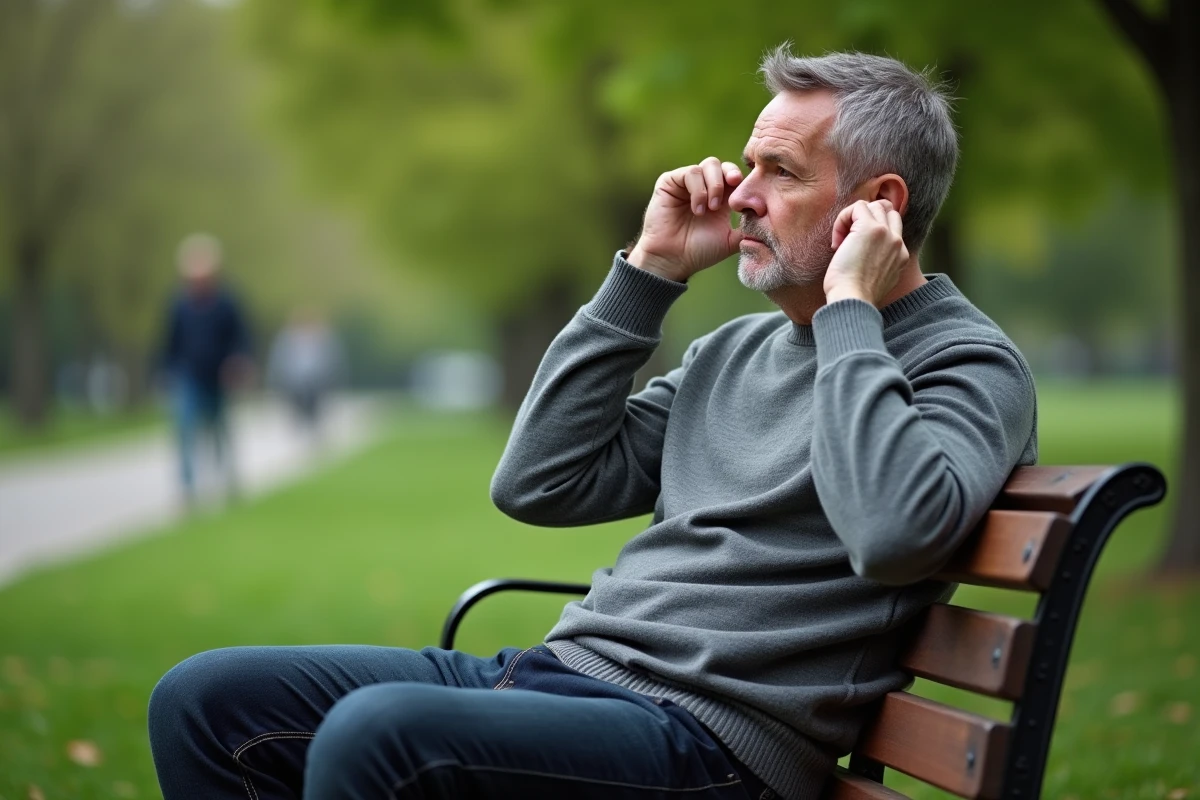 Homme assis sur un banc de parc regardant au loin