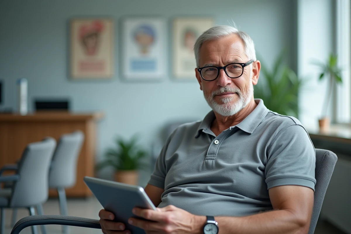 Homme senior consultant une application santé diabète sur tablette dans une salle d'attente médicale