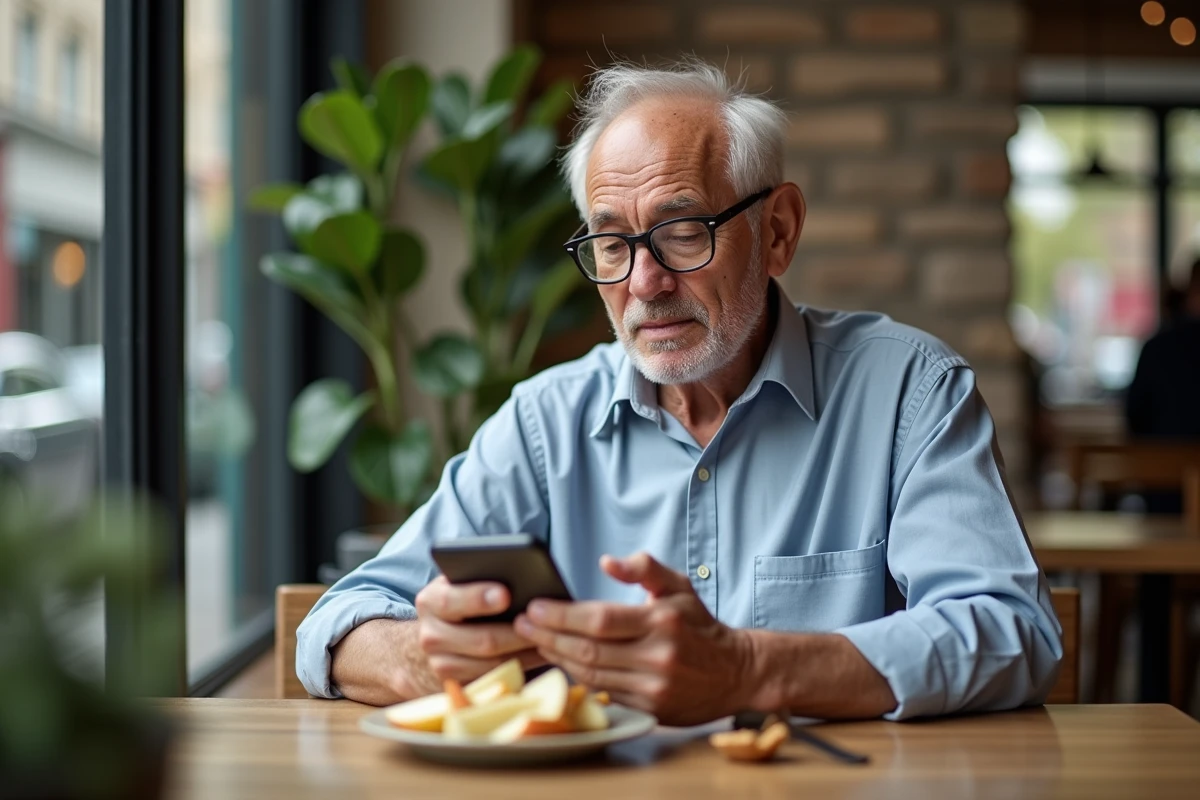 Homme senior dégustant une collation saine avec pommes et beurre de cacahuete