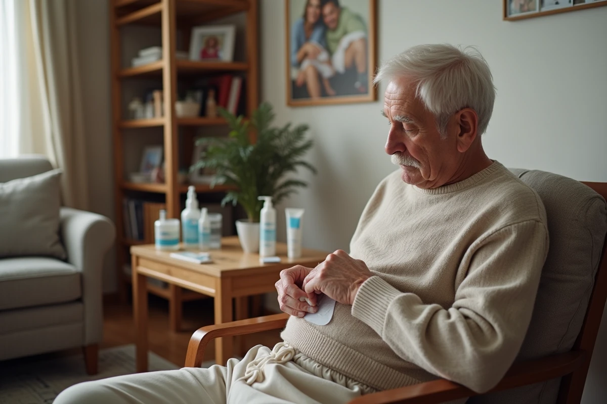 Homme &acirc;g&eacute; appliquant un pansement dans un salon chaleureux