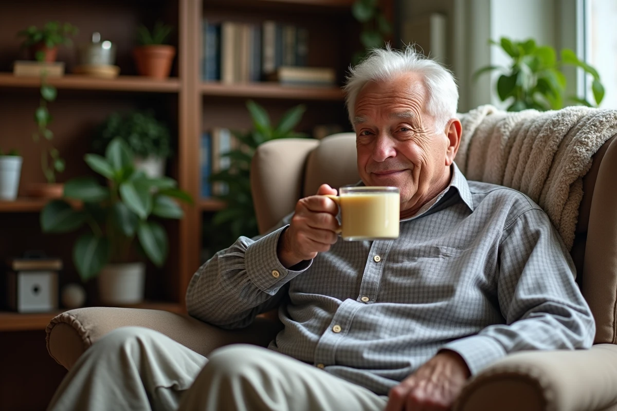 Homme &acirc;g&eacute; d&eacute;gustant une soupe dans son salon chaleureux