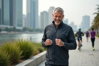 Homme d'âge moyen vérifiant son compteur de pas en promenade urbaine